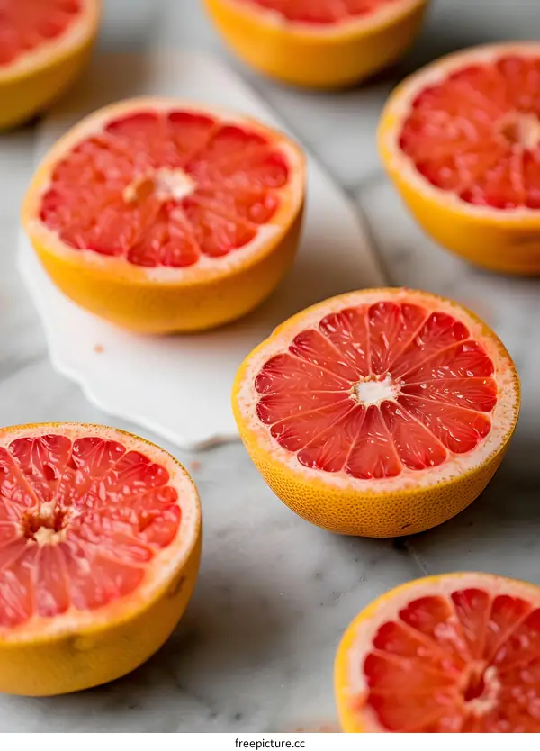 Freshly Cut Pink Grapefruit Halves on a Marble Counter