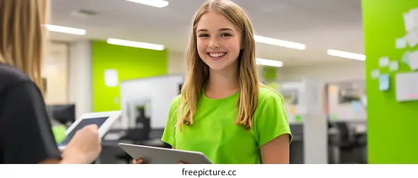 Smiling Woman Holding Tablet in Green Office