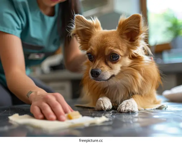 A veterinarian examining a small dog