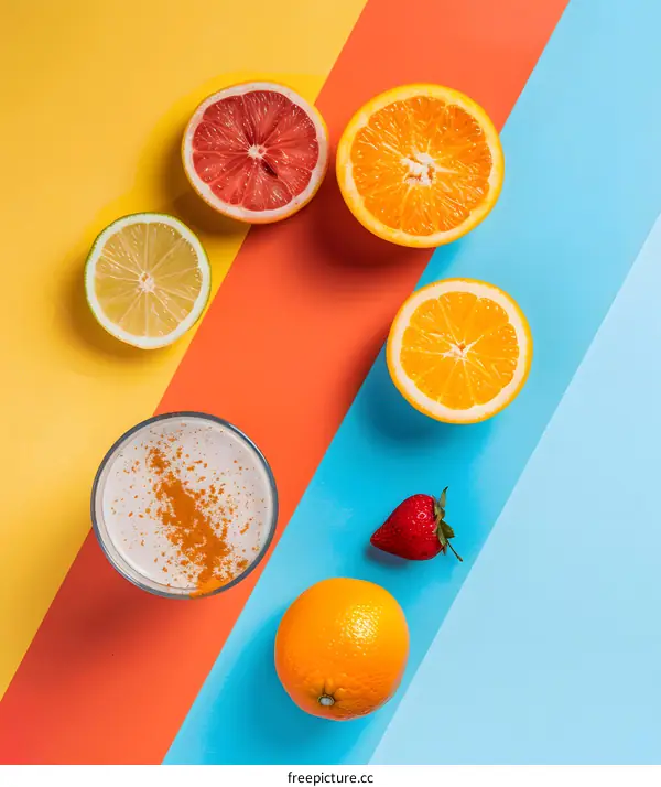 Summer Fruit Smoothie with Citrus and Strawberry on Colorful Background