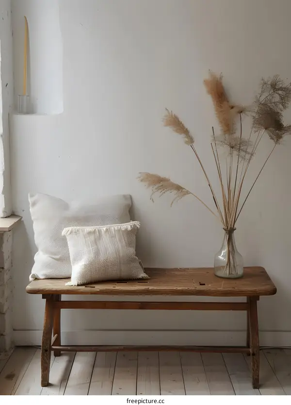 Rustic Wooden Bench with Dried Flowers and Pillows in Minimalist Interior