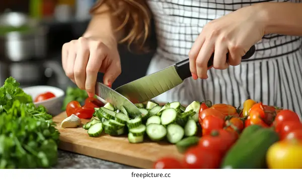 Woman Chopping Vegetables in Kitchen
