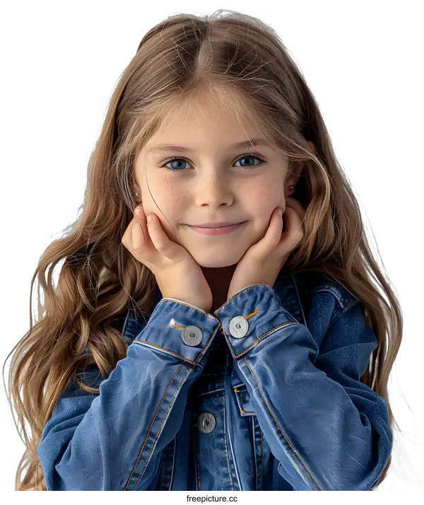 [Transparent Background PNG]Portrait of a Young Girl with Blue Eyes and Freckles Wearing a Denim Jacket
