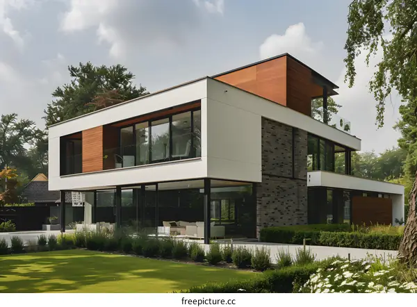 Modern House With Large Windows and Brick Wall