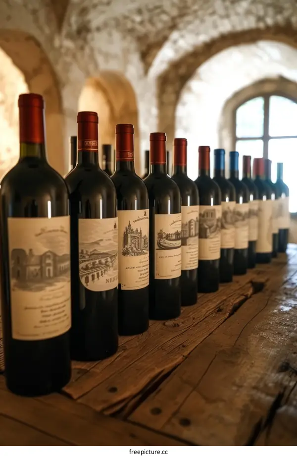 A collection of red wine bottles on a wooden table in a wine cellar