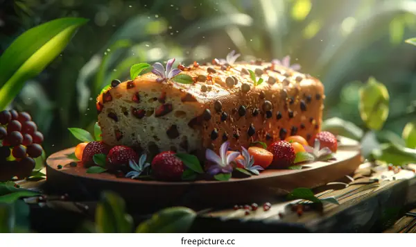 Close up of a delicious cake with strawberries and blueberries on a wooden table in a lush green forest setting