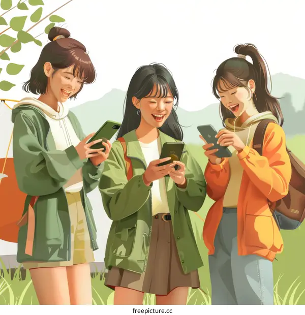 Three young Asian women looking at their phones and laughing