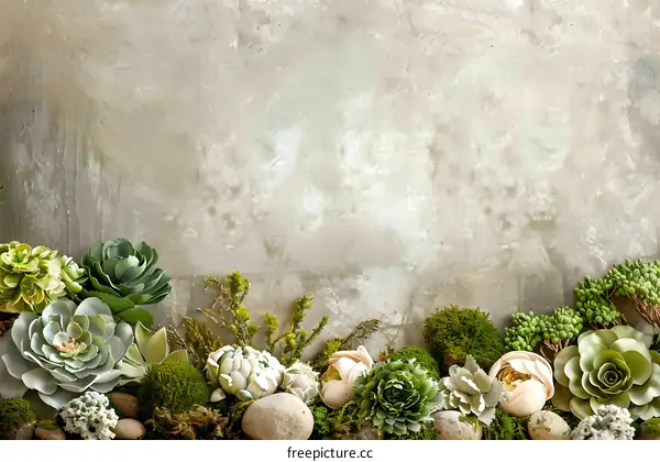 Green Succulents and Moss Against Concrete Wall