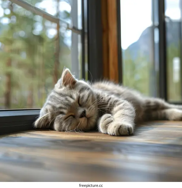 A cute gray kitten is sleeping on the wooden floor in front of the floor-to-ceiling windows.