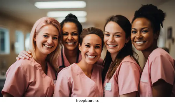 A group of five female nurses smiling at the camera