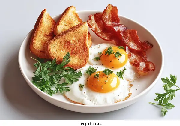 Delicious Breakfast of Fried Eggs, Bacon, and Toast
