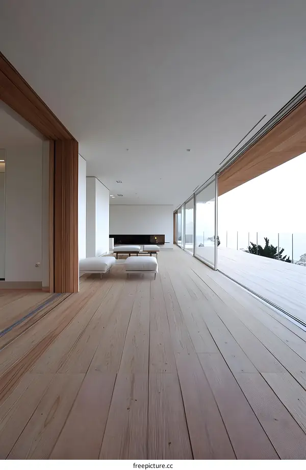 Modern Minimalist Home Interior Design With Wooden Floor and Large Windows