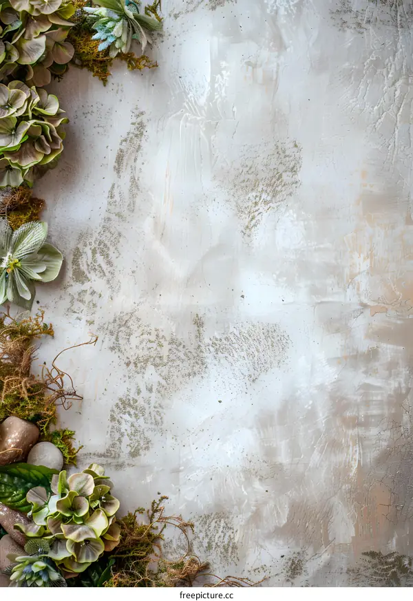 Green Plants And Stones Border On Rough White Background