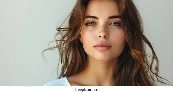 portrait of a beautiful young woman with freckles and blue eyes