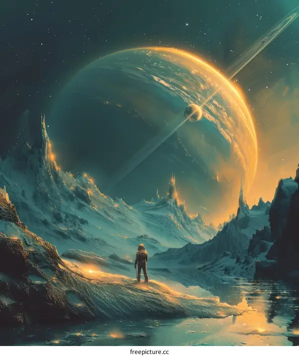 An astronaut on an icy moon with a view of a distant planet and moon