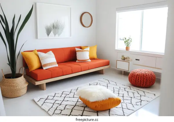 Modern Minimalist Living Room with Orange Sofa