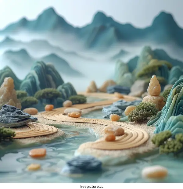 Miniature Zen garden with rocks, sand, and water