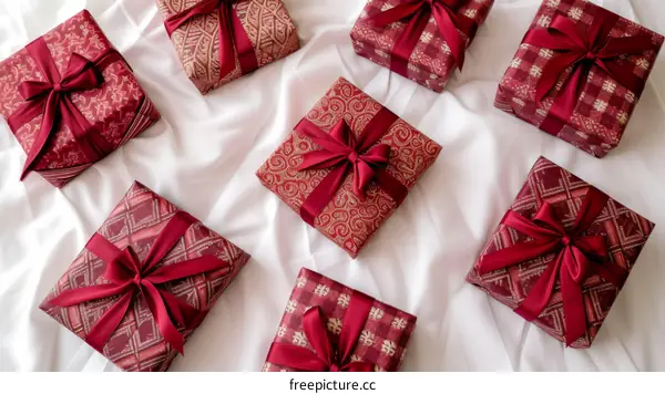 Top view of beautifully wrapped presents with red ribbons