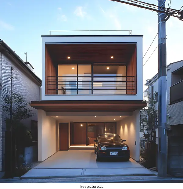 Modern Japanese House with Balcony and Car