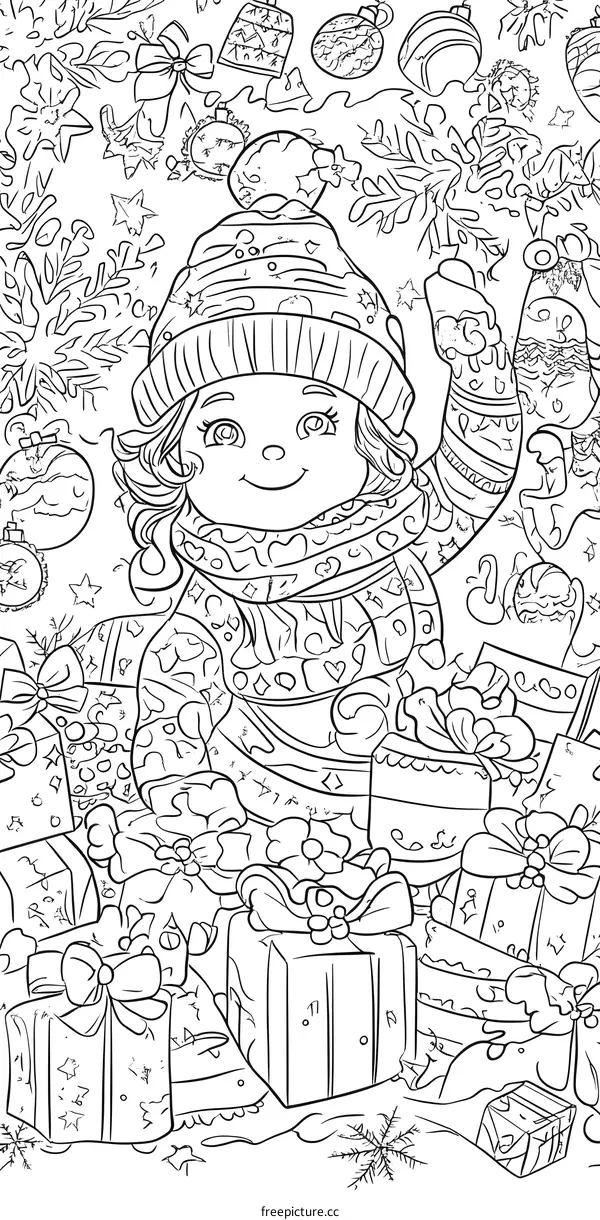 Christmas Girl Surrounded By Gifts Coloring Page