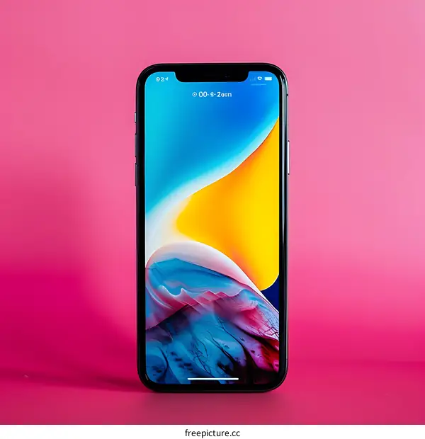 Black Smartphone on Pink Background with Colorful Abstract Wallpaper