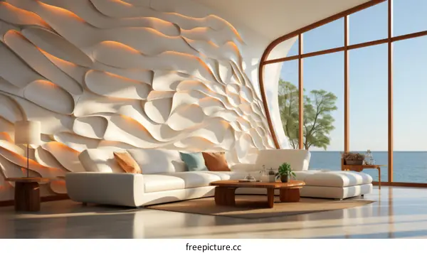Modern interior design living room with curved wall and large windows