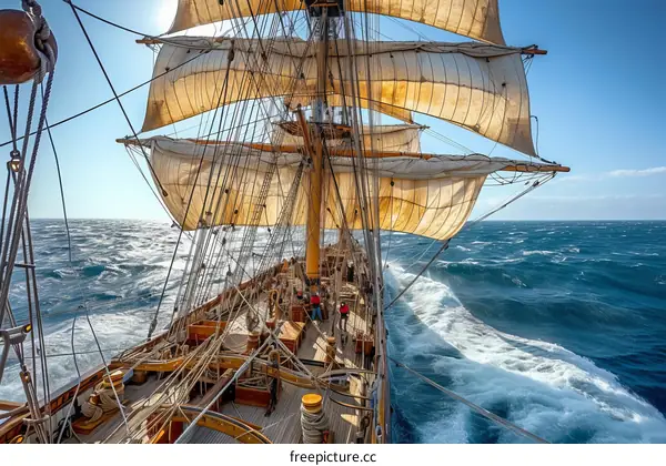 The crew of a tall ship work on the deck as the ship sails through the ocean.