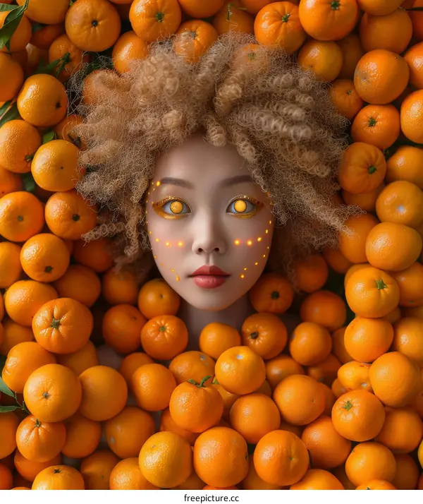 Woman with Orange Makeup Surrounded by Oranges