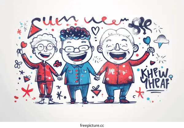 Three elderly people of different ethnicities are holding hands and smiling.