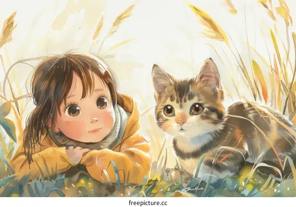 Little girl and cat in the wheat field