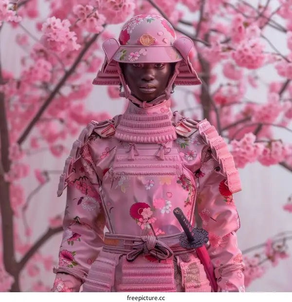 Black samurai in pink armor stands in a field of cherry blossoms