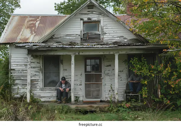 Two men sitting on the porch of an abandoned house