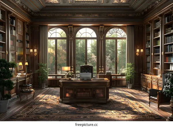 Elegant Wooden Library Interior Design with Large Windows