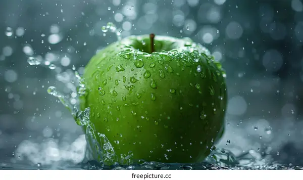Close-up photo of a green apple with water droplets