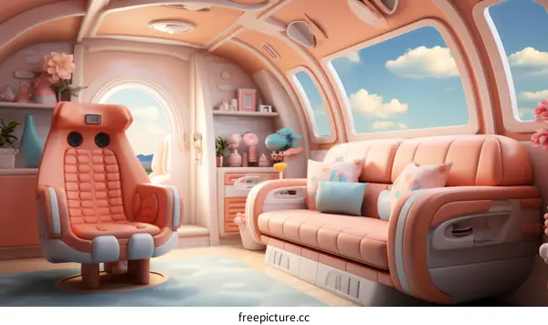 A pink and white living room with a large window