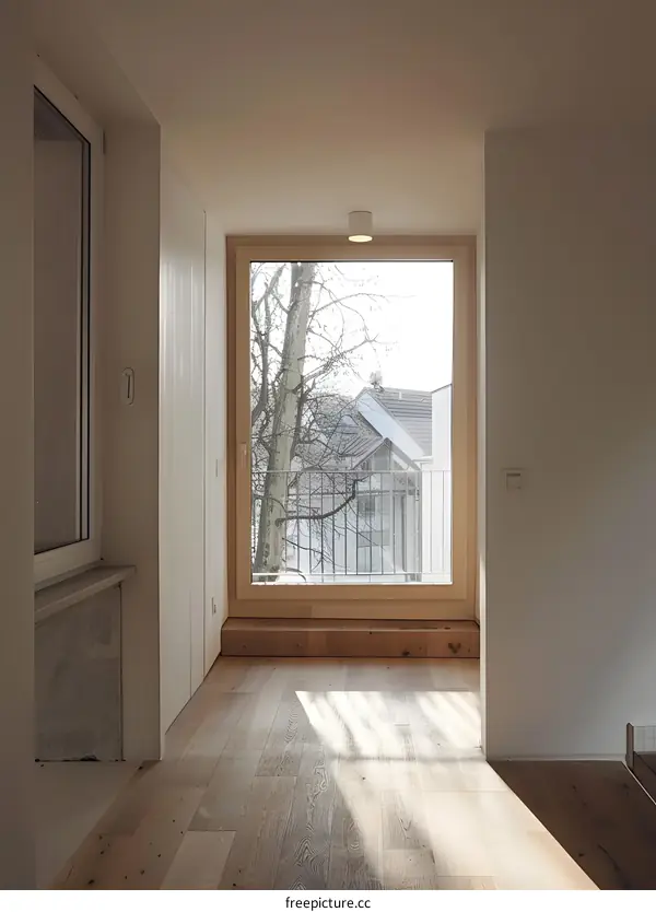 Modern Minimalist Interior Design with Wooden Floor and Large Window
