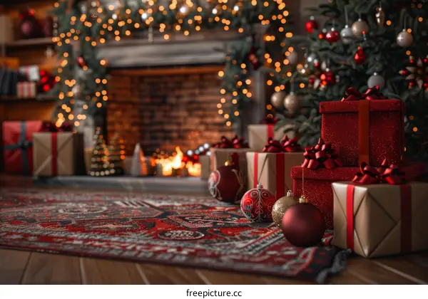 Christmas presents under a decorated Christmas tree in a cozy living room