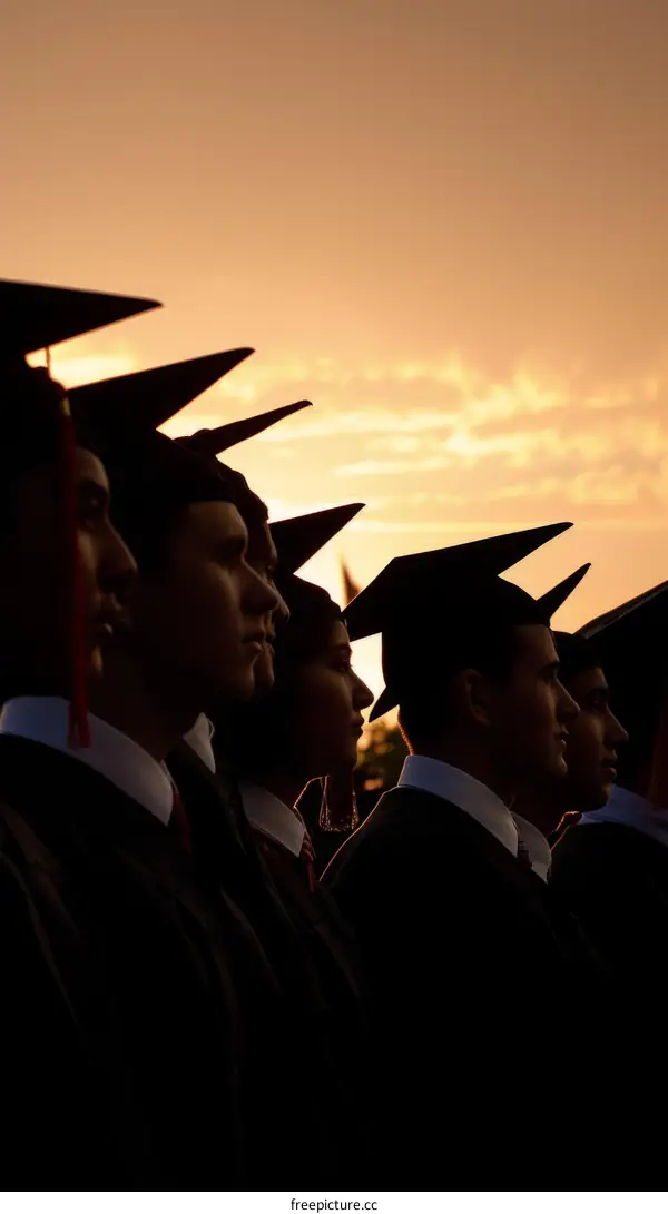 A group of male high school graduates in caps and gowns at sunset