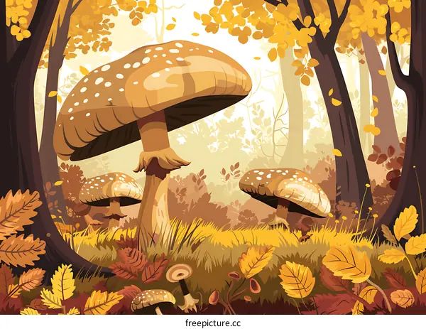 Autumn Forest with Mushrooms Illustration