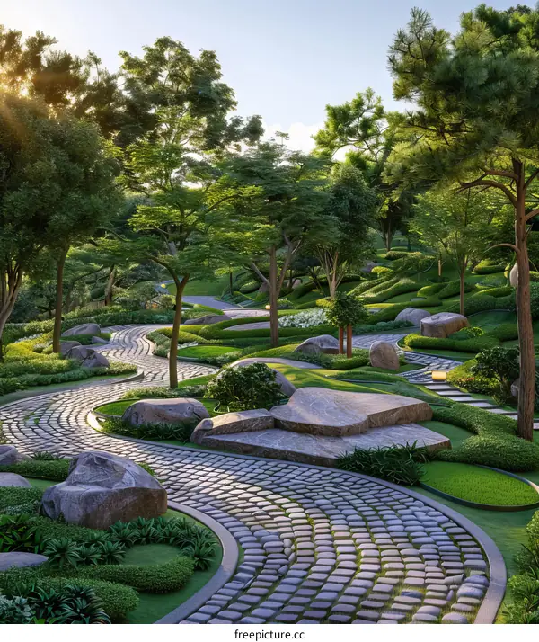 Zen Garden with Stone Path and Tranquil Atmosphere
