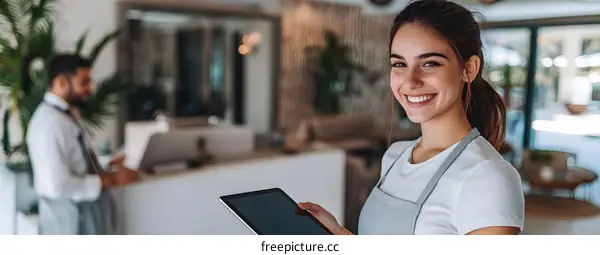 Smiling Woman Holding a Tablet While Working