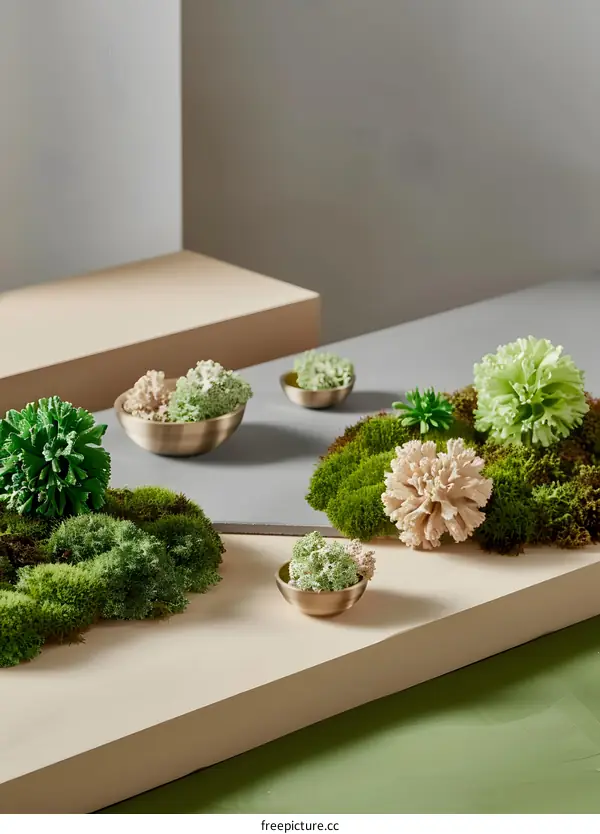 Green Moss and Golden Bowls  Minimalist  Still Life Photography