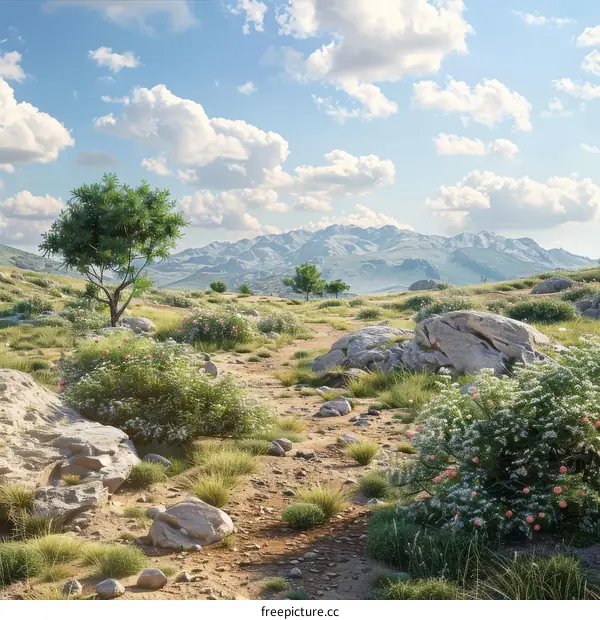 Desert Landscape with Rocks and Blue Sky