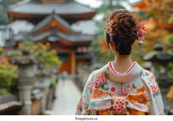 Woman in Kimono at Japanese Temple