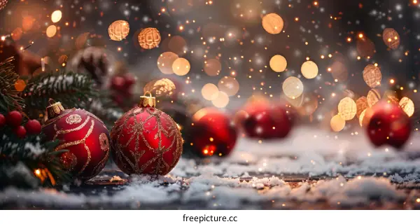 Red and gold Christmas ornaments on a snowy wooden table