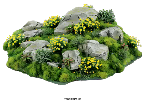 [Transparent Background PNG]Green Grass Hill with Rocks and Yellow Flowers