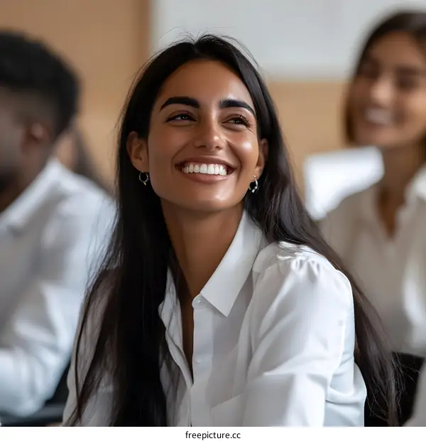 Smiling Woman in White Shirt Looking Up in a Meeting