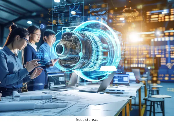 engineers discussing a 3D model of a jet engine