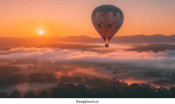 Hot air balloon floating above the misty landscape and mountains during sunrise