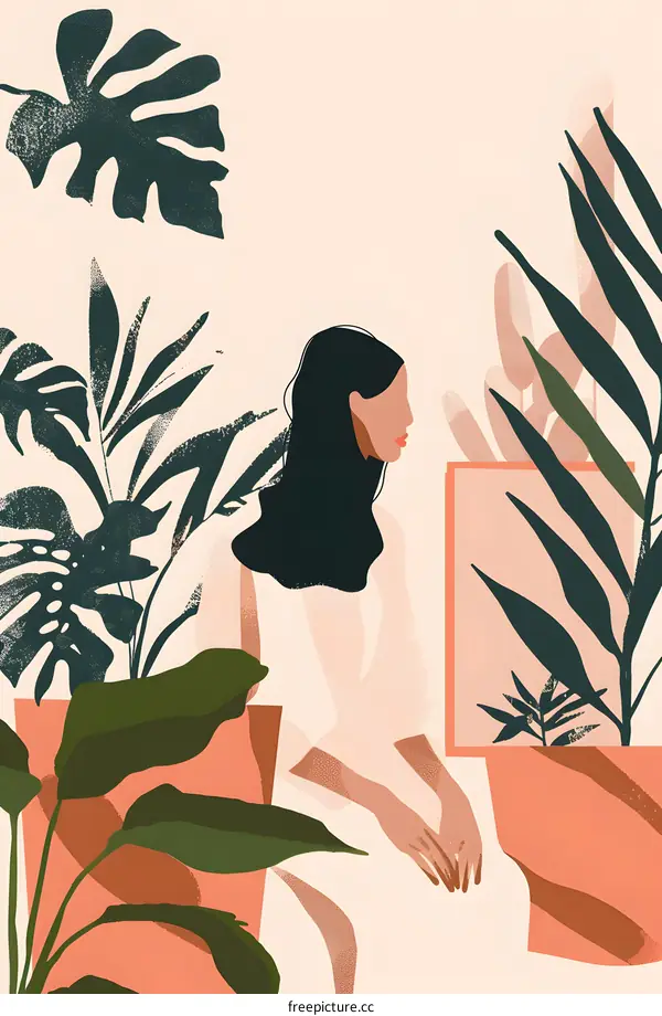 Woman Sitting in a Potted Plant Room Illustration
